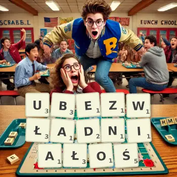 Kreatywna ilustracja do gry w Scrabble ze słowem UBEZWŁADNIAŁOŚ ułożonym z płytek na planszy.