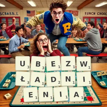 Kreatywna ilustracja do gry w Scrabble ze słowem UBEZWŁADNIENIA ułożonym z płytek na planszy.