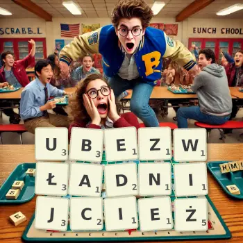 Kreatywna ilustracja do gry w Scrabble ze słowem UBEZWŁADNIJCIEŻ ułożonym z płytek na planszy.