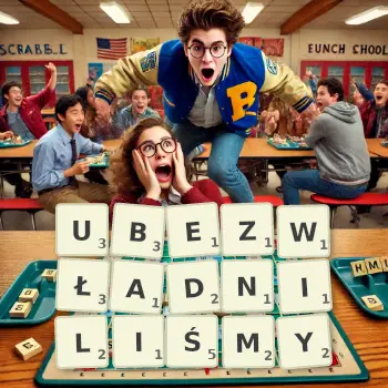 Kreatywna ilustracja do gry w Scrabble ze słowem UBEZWŁADNILIŚMY ułożonym z płytek na planszy.