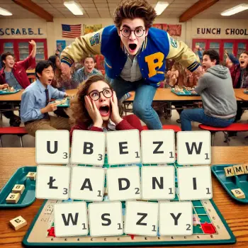 Kreatywna ilustracja do gry w Scrabble ze słowem UBEZWŁADNIWSZY ułożonym z płytek na planszy.