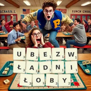 Kreatywna ilustracja do gry w Scrabble ze słowem UBEZWŁADNIŁOBY ułożonym z płytek na planszy.