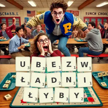 Kreatywna ilustracja do gry w Scrabble ze słowem UBEZWŁADNIŁYBY ułożonym z płytek na planszy.