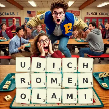 Kreatywna ilustracja do gry w Scrabble ze słowem UBICHROMENOLAMI ułożonym z płytek na planszy.