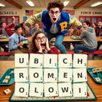 Kreatywna ilustracja do gry w Scrabble ze słowem UBICHROMENOLOWI ułożonym z płytek na planszy.