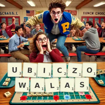 Kreatywna ilustracja do gry w Scrabble ze słowem UBICZOWALAS ułożonym z płytek na planszy.