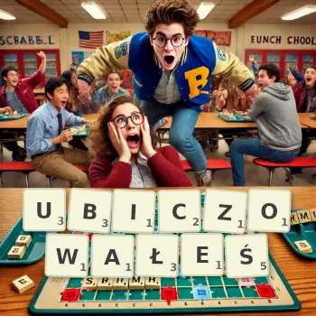 Kreatywna ilustracja do gry w Scrabble ze słowem UBICZOWAŁEŚ ułożonym z płytek na planszy.