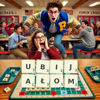 Kreatywna ilustracja do gry w Scrabble ze słowem UBIJAŁOM ułożonym z płytek na planszy.