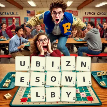 Kreatywna ilustracja do gry w Scrabble ze słowem UBIZNESOWILBY ułożonym z płytek na planszy.