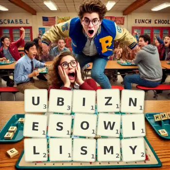 Kreatywna ilustracja do gry w Scrabble ze słowem UBIZNESOWILISMY ułożonym z płytek na planszy.