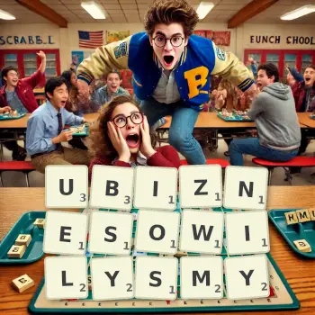 Kreatywna ilustracja do gry w Scrabble ze słowem UBIZNESOWILYSMY ułożonym z płytek na planszy.