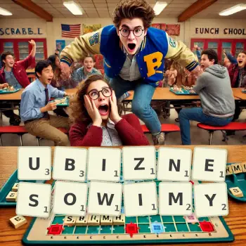 Kreatywna ilustracja do gry w Scrabble ze słowem UBIZNESOWIMY ułożonym z płytek na planszy.