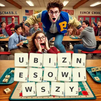 Kreatywna ilustracja do gry w Scrabble ze słowem UBIZNESOWIWSZY ułożonym z płytek na planszy.