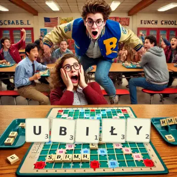 Kreatywna ilustracja do gry w Scrabble ze słowem UBIŁY ułożonym z płytek na planszy.