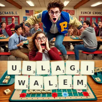 Kreatywna ilustracja do gry w Scrabble ze słowem UBLAGIWALEM ułożonym z płytek na planszy.