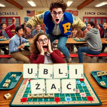 Kreatywna ilustracja do gry w Scrabble ze słowem UBLIŻAĆ ułożonym z płytek na planszy.