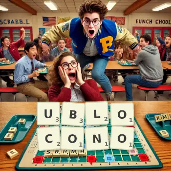 Kreatywna ilustracja do gry w Scrabble ze słowem UBLOCONO ułożonym z płytek na planszy.