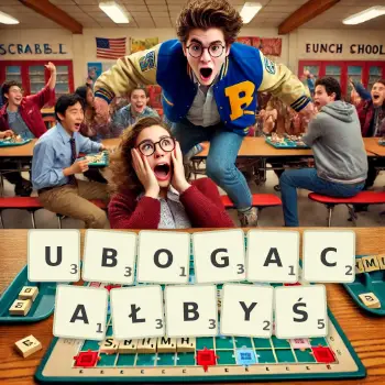 Kreatywna ilustracja do gry w Scrabble ze słowem UBOGACAŁBYŚ ułożonym z płytek na planszy.