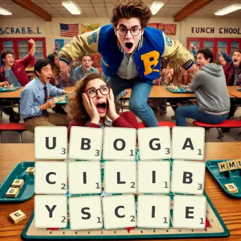 Kreatywna ilustracja do gry w Scrabble ze słowem UBOGACILIBYSCIE ułożonym z płytek na planszy.