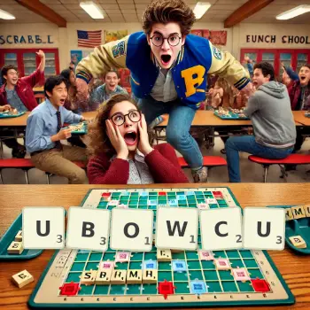 Kreatywna ilustracja do gry w Scrabble ze słowem UBOWCU ułożonym z płytek na planszy.