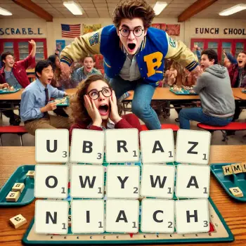 Kreatywna ilustracja do gry w Scrabble ze słowem UBRAZOWYWANIACH ułożonym z płytek na planszy.