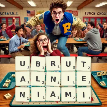 Kreatywna ilustracja do gry w Scrabble ze słowem UBRUTALNIENIAMI ułożonym z płytek na planszy.