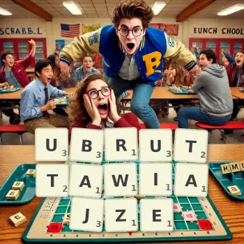 Kreatywna ilustracja do gry w Scrabble ze słowem UBRUTTAWIAJZE ułożonym z płytek na planszy.