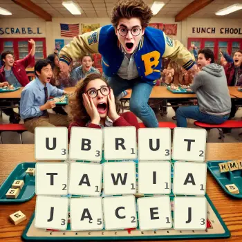 Kreatywna ilustracja do gry w Scrabble ze słowem UBRUTTAWIAJĄCEJ ułożonym z płytek na planszy.