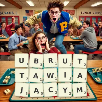 Kreatywna ilustracja do gry w Scrabble ze słowem UBRUTTAWIAJĄCYM ułożonym z płytek na planszy.