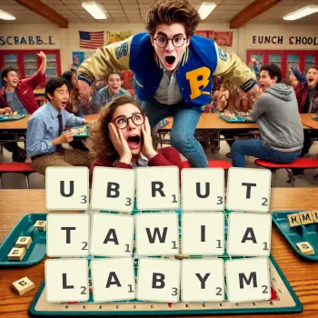 Kreatywna ilustracja do gry w Scrabble ze słowem UBRUTTAWIALABYM ułożonym z płytek na planszy.