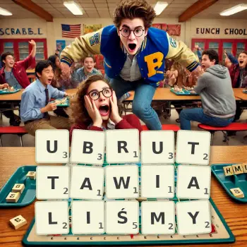 Kreatywna ilustracja do gry w Scrabble ze słowem UBRUTTAWIALIŚMY ułożonym z płytek na planszy.