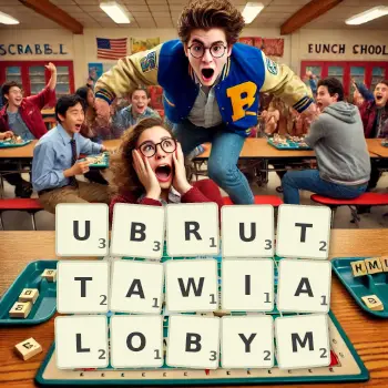 Kreatywna ilustracja do gry w Scrabble ze słowem UBRUTTAWIALOBYM ułożonym z płytek na planszy.