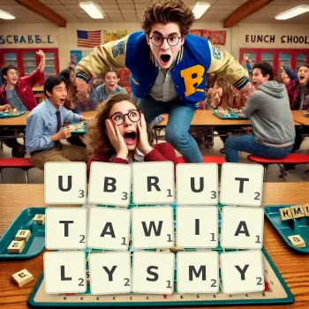 Kreatywna ilustracja do gry w Scrabble ze słowem UBRUTTAWIALYSMY ułożonym z płytek na planszy.