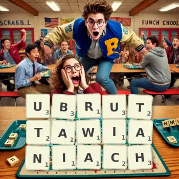 Kreatywna ilustracja do gry w Scrabble ze słowem UBRUTTAWIANIACH ułożonym z płytek na planszy.