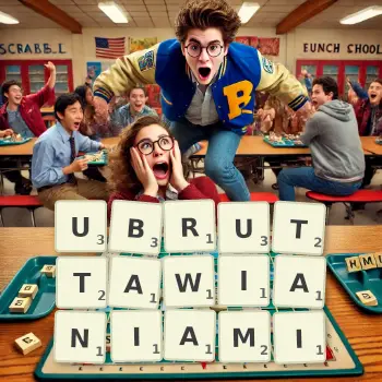 Kreatywna ilustracja do gry w Scrabble ze słowem UBRUTTAWIANIAMI ułożonym z płytek na planszy.