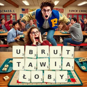 Kreatywna ilustracja do gry w Scrabble ze słowem UBRUTTAWIAŁOBY ułożonym z płytek na planszy.