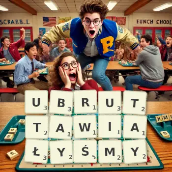 Kreatywna ilustracja do gry w Scrabble ze słowem UBRUTTAWIAŁYŚMY ułożonym z płytek na planszy.