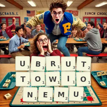 Kreatywna ilustracja do gry w Scrabble ze słowem UBRUTTOWIONEMU ułożonym z płytek na planszy.