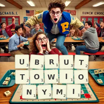 Kreatywna ilustracja do gry w Scrabble ze słowem UBRUTTOWIONYMI ułożonym z płytek na planszy.