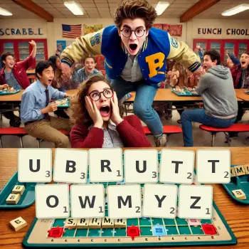 Kreatywna ilustracja do gry w Scrabble ze słowem UBRUTTOWMYZ ułożonym z płytek na planszy.