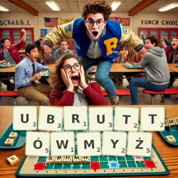 Kreatywna ilustracja do gry w Scrabble ze słowem UBRUTTÓWMYŻ ułożonym z płytek na planszy.