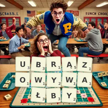 Kreatywna ilustracja do gry w Scrabble ze słowem UBRĄZOWYWAŁBY ułożonym z płytek na planszy.