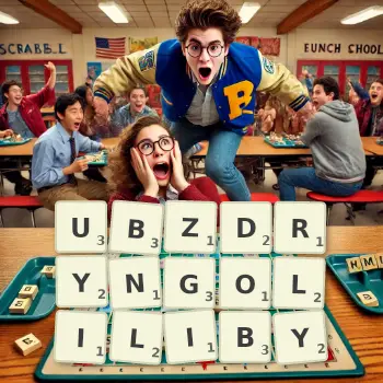 Kreatywna ilustracja do gry w Scrabble ze słowem UBZDRYNGOLILIBY ułożonym z płytek na planszy.