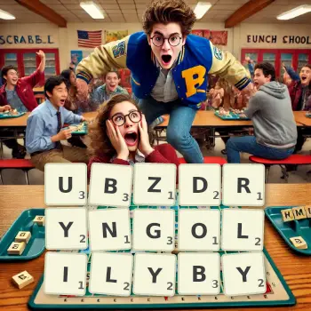 Kreatywna ilustracja do gry w Scrabble ze słowem UBZDRYNGOLILYBY ułożonym z płytek na planszy.