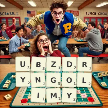 Kreatywna ilustracja do gry w Scrabble ze słowem UBZDRYNGOLIMY ułożonym z płytek na planszy.