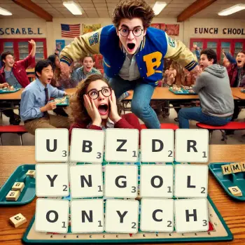 Kreatywna ilustracja do gry w Scrabble ze słowem UBZDRYNGOLONYCH ułożonym z płytek na planszy.