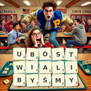 Kreatywna ilustracja do gry w Scrabble ze słowem UBÓSTWIALIBYŚMY ułożonym z płytek na planszy.