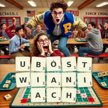 Kreatywna ilustracja do gry w Scrabble ze słowem UBÓSTWIANIACH ułożonym z płytek na planszy.