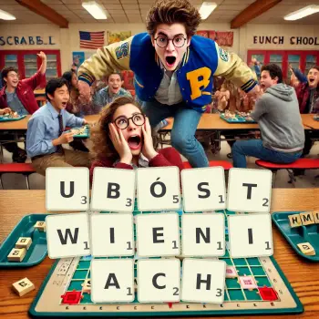 Kreatywna ilustracja do gry w Scrabble ze słowem UBÓSTWIENIACH ułożonym z płytek na planszy.