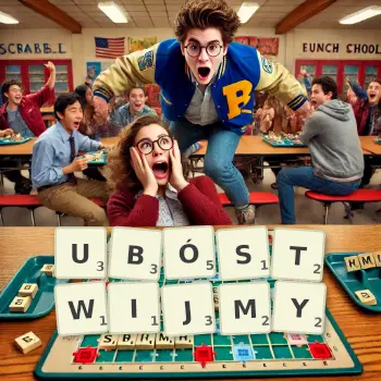 Kreatywna ilustracja do gry w Scrabble ze słowem UBÓSTWIJMY ułożonym z płytek na planszy.